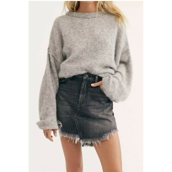 NWT Free People Black Denim Raw Hem Fringe Mini - Picture 2 of 10